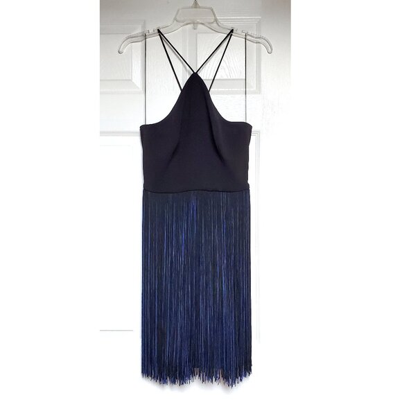 Aidan Mattox Black Blue Fringe Crepe Halter Cocktail Dress Size 4 - Picture 3 of 8